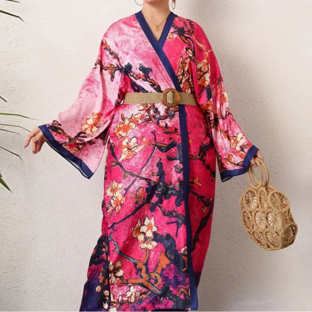 Cherry Blossom Kimono Pink Full Length Vacation Wear Beach Cover Up - Picture 3 of 5